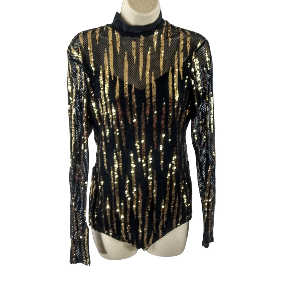 Kelle Black and Gold Sequin Leotard Dance Costume